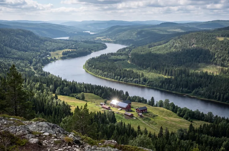 Värmländskt landskap med skog och en gård med solceller på taket
